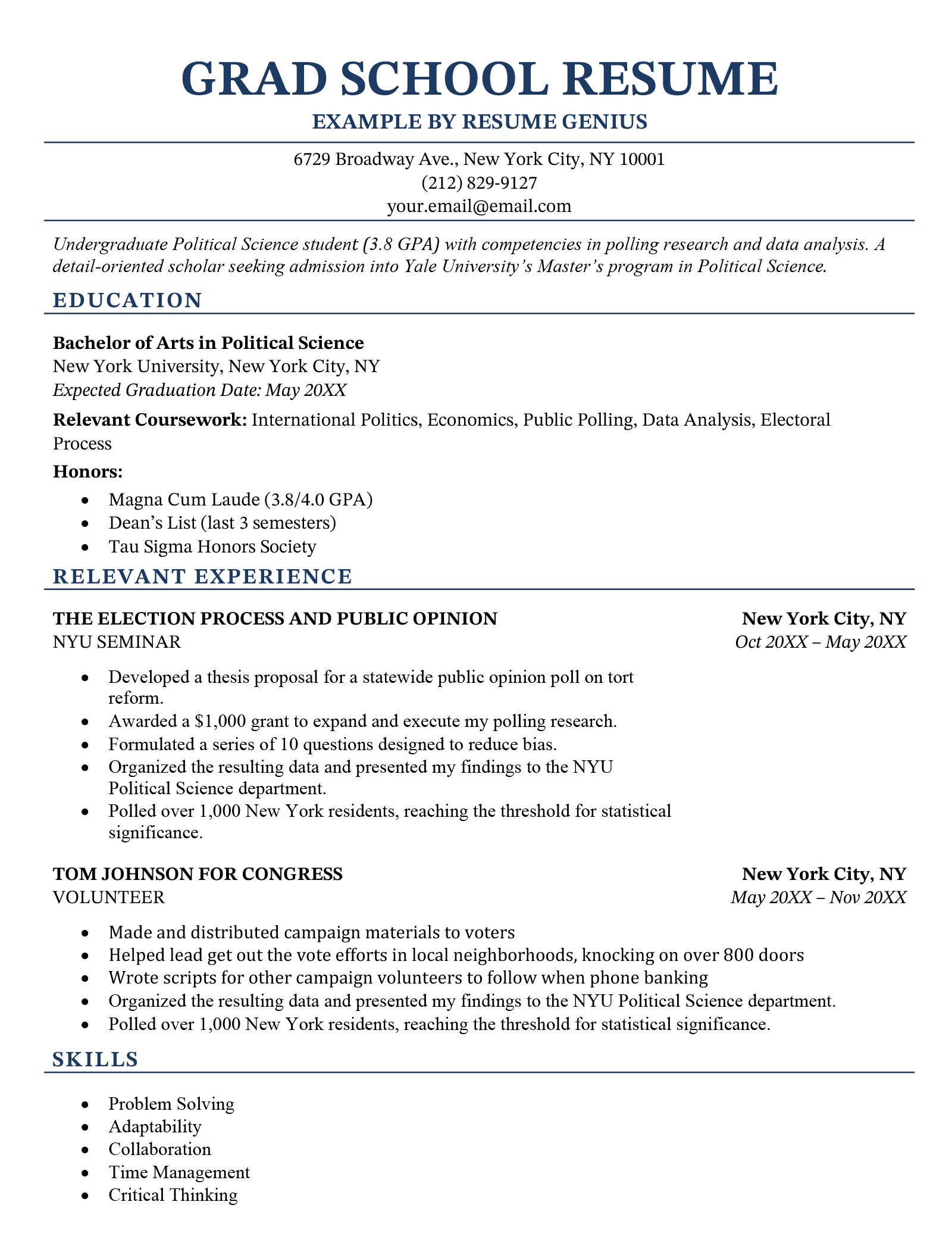 A grad school resume example.