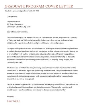 A graduate program cover letter on a template with a coral-colored header.