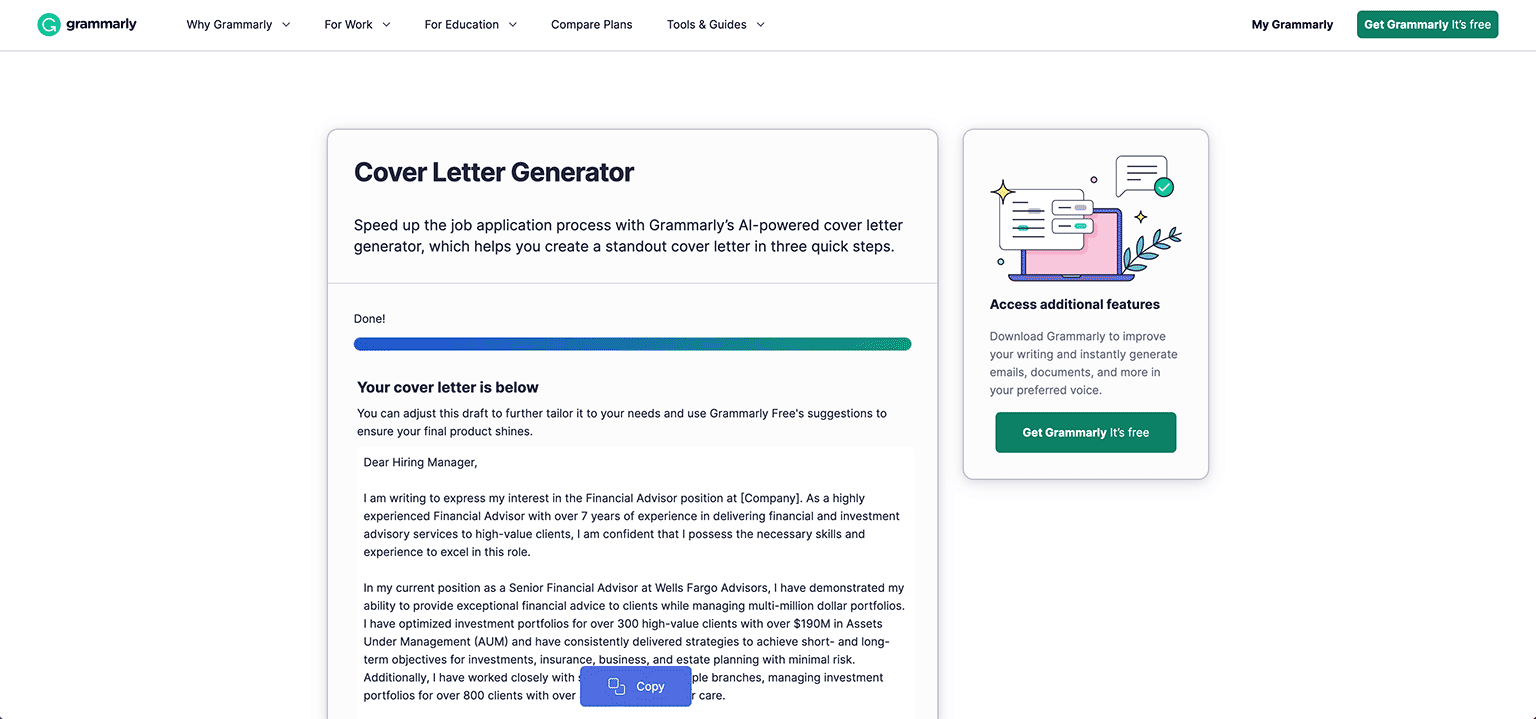 Screenshot from the Grammarly AI cover letter generator, with a full cover letter generated below.