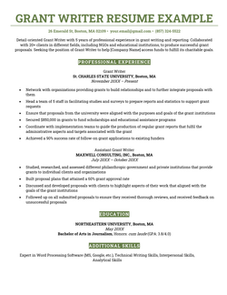 A traditional grant writer resume with a top-to-bottom reverse chronological layout and green headers, beginning with a resume objective and followed by professional experience, education, and skills sections.