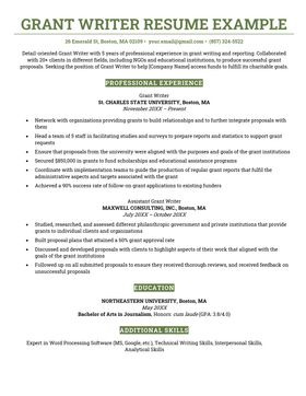 A traditional grant writer resume with a top-to-bottom reverse chronological layout and green headers, beginning with a resume objective and followed by professional experience, education, and skills sections.