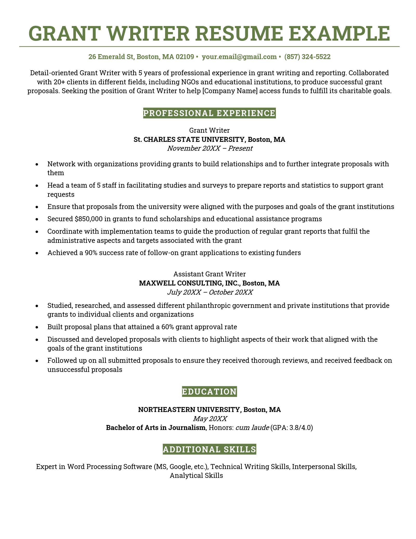 A traditional grant writer resume with a top-to-bottom reverse chronological layout and green headers, beginning with a resume objective and followed by professional experience, education, and skills sections.