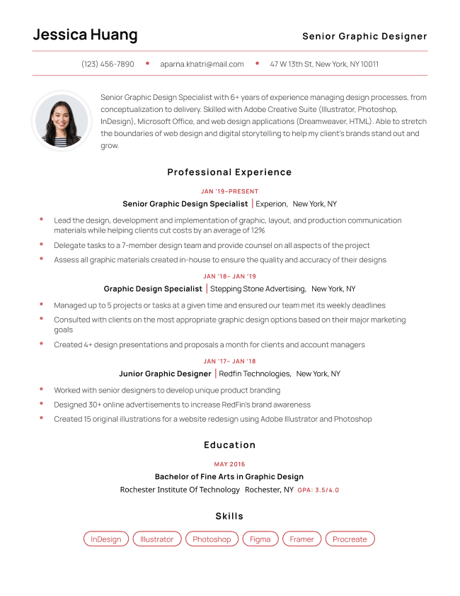 Example of a graphic designer resume featuring a simple headshot at the top and a clean, modern design
