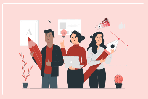 A cartoon image of graphic designers that illustrates graphic design resume skills