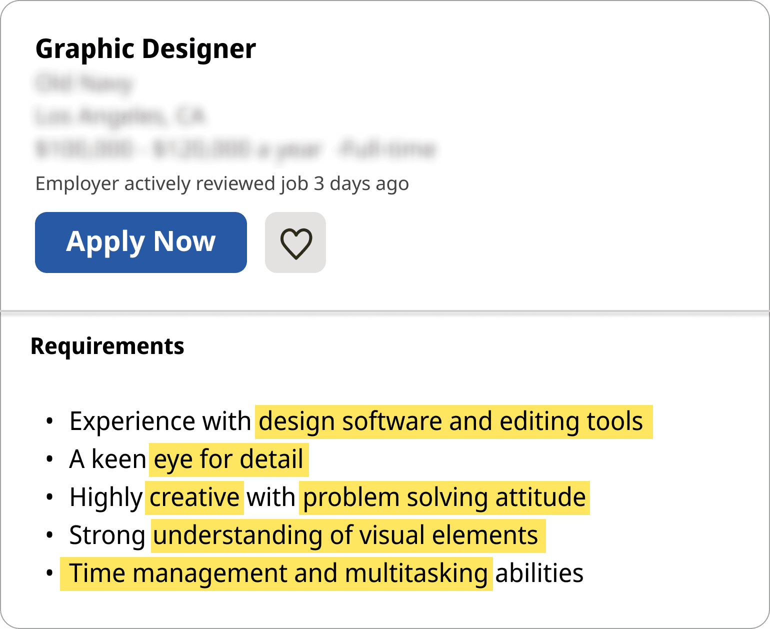 A job ad with graphic design resume skills underlined.
