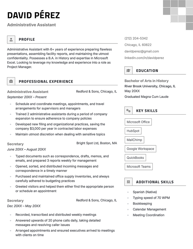 The 'graphite' resume template in black, featuring two columns and decorative squares in the upper right corner