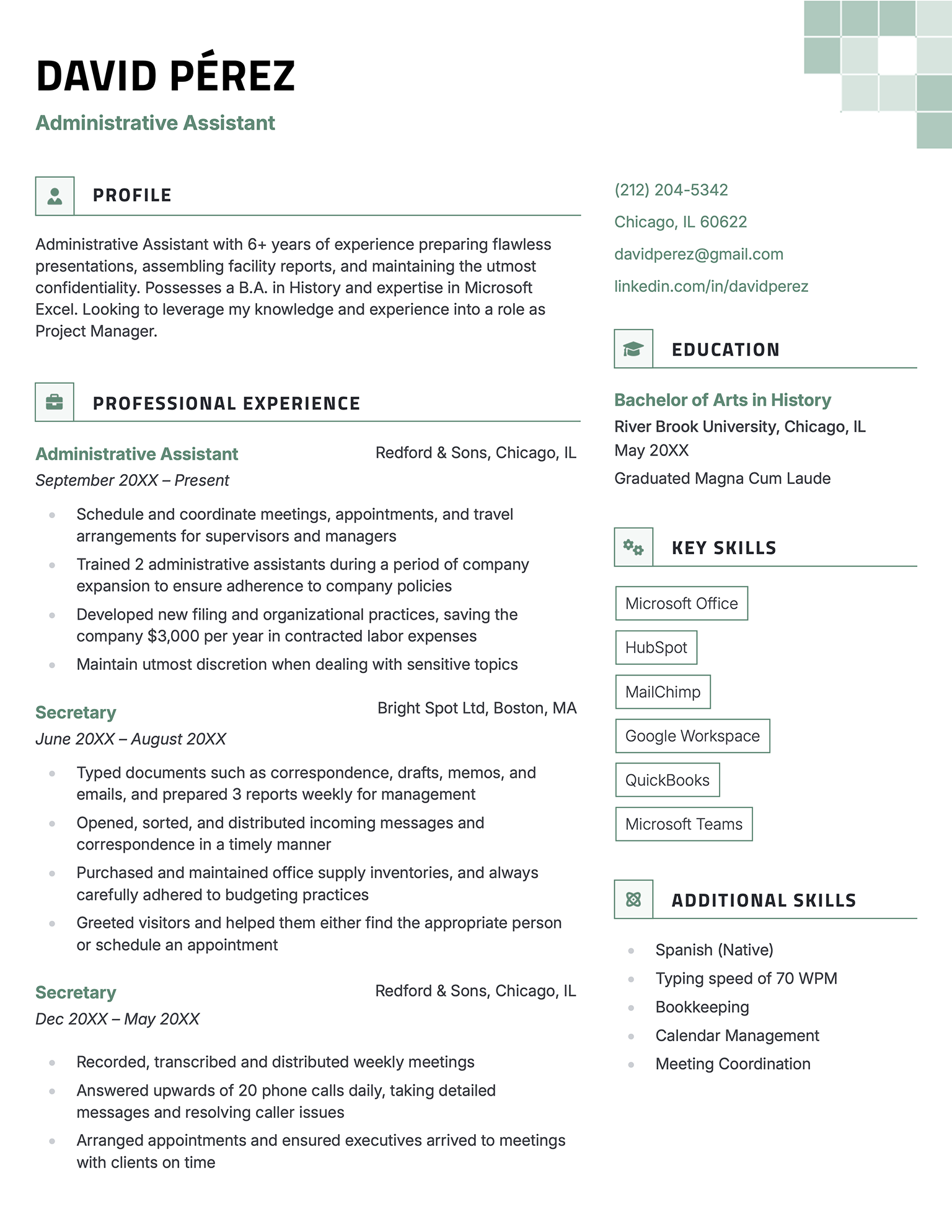 The 'graphite' resume template in green, featuring two columns and decorative squares in the upper right corner