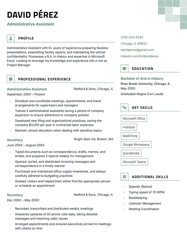 The 'graphite' resume template in green, featuring two columns and decorative squares in the upper right corner