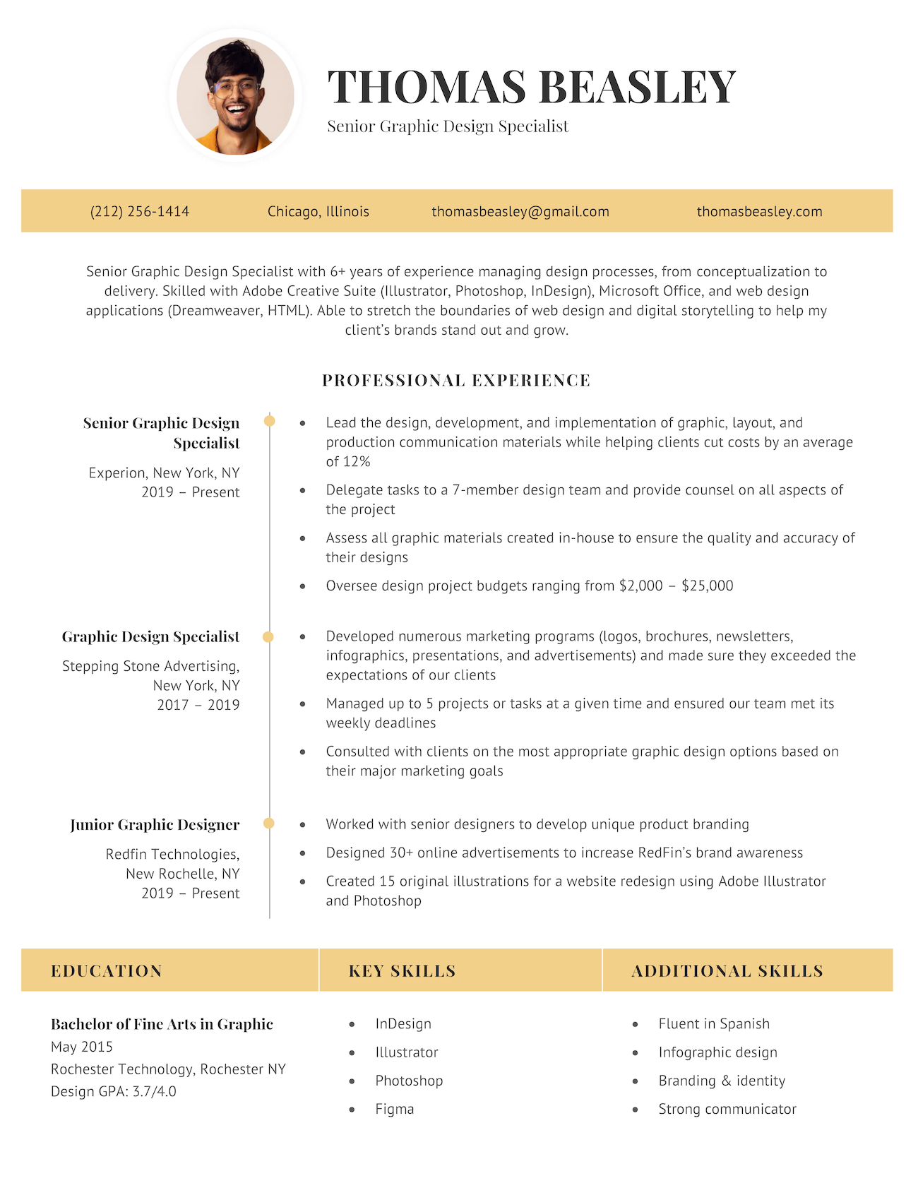 The "Great" photo resume template in yellow, featuring two bold header bars