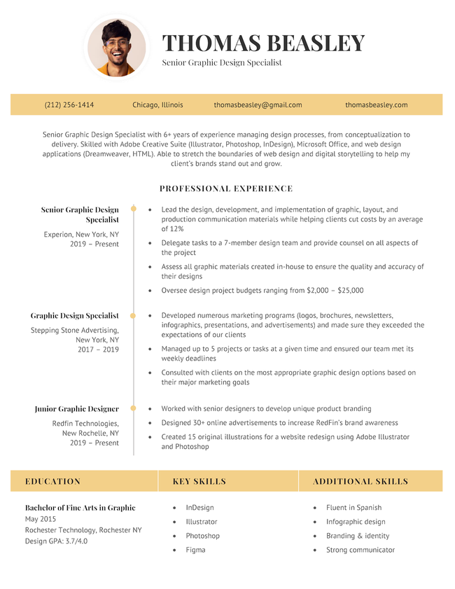 The "Great" photo resume template in yellow, featuring two bold header bars
