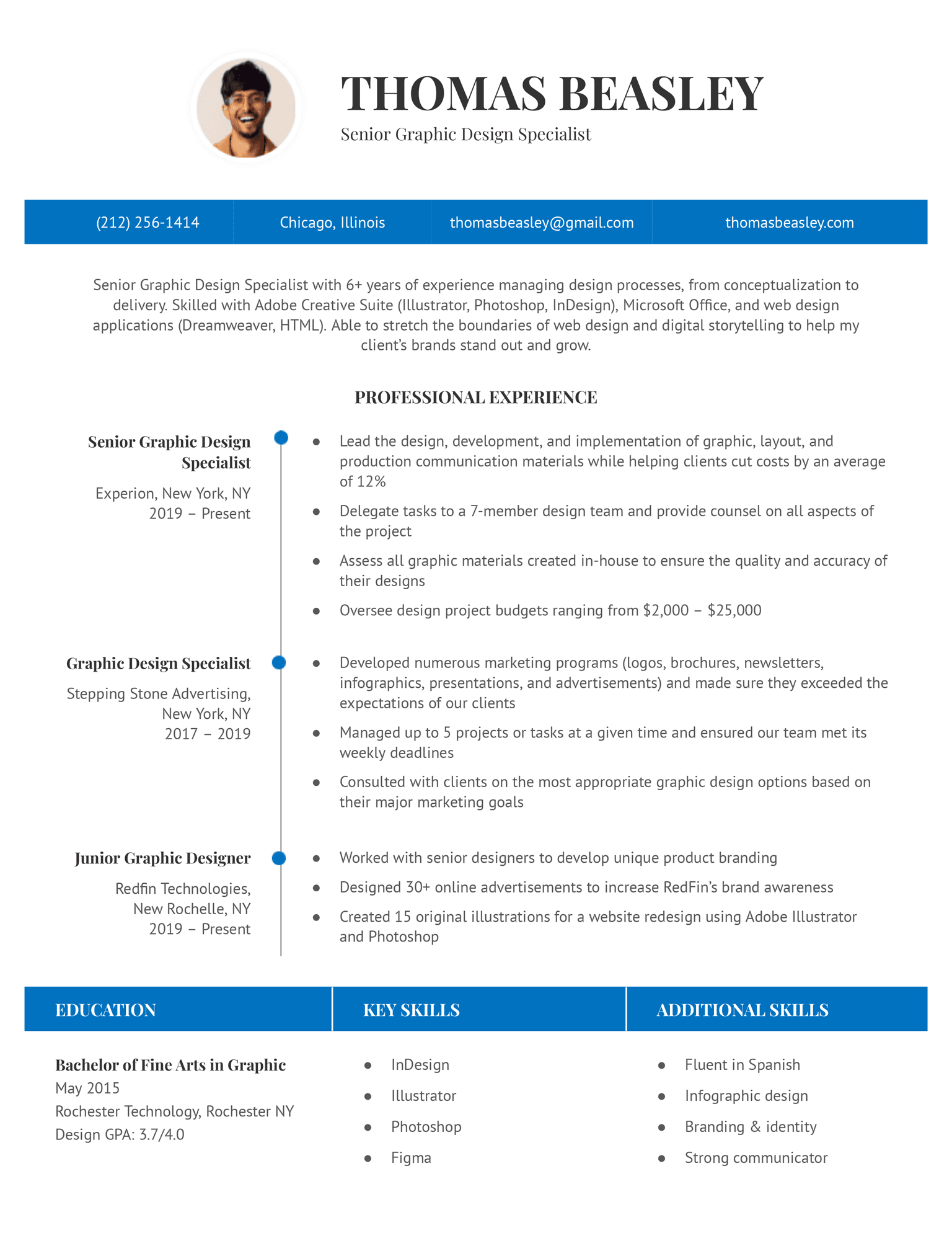 The Great resume template for Google Docs in blue.
