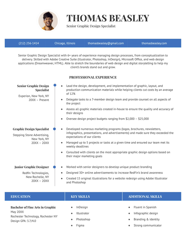 The Great resume template for Google Docs in blue.