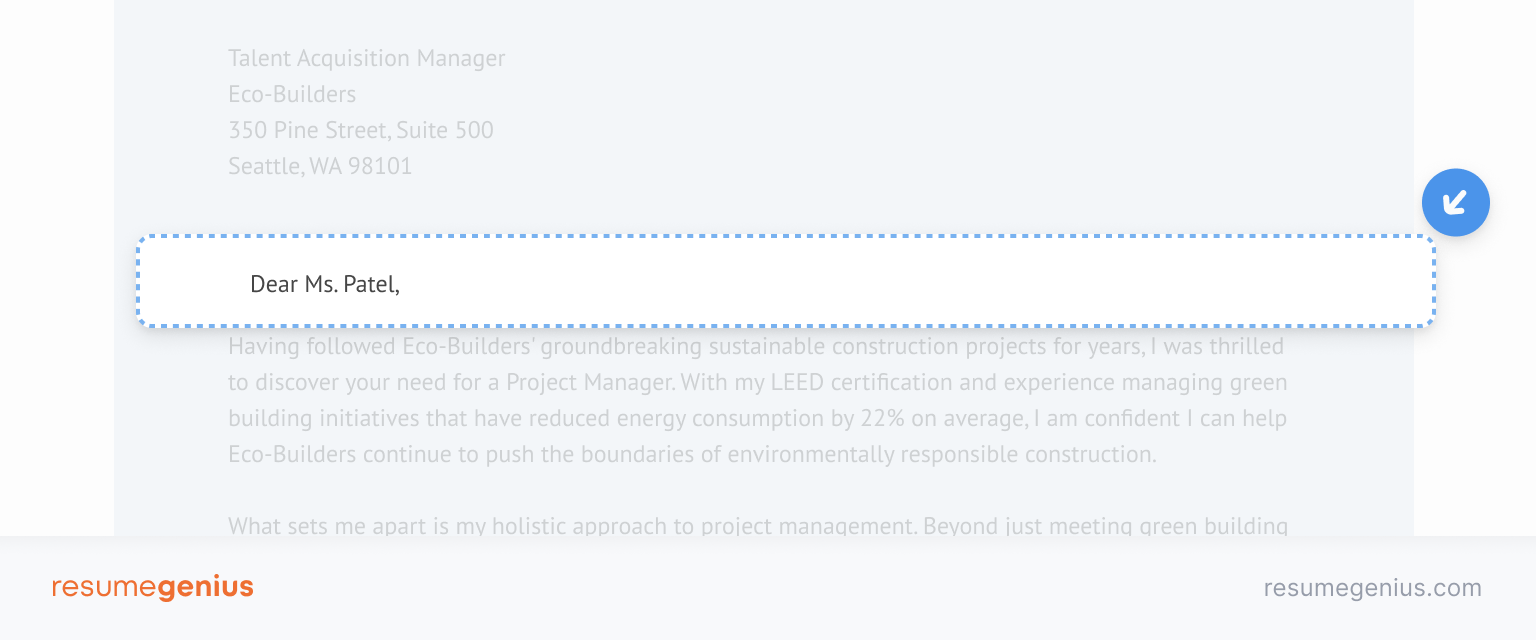 Greeting section of a cover letter. 