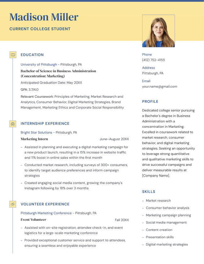 The Growth student resume template in yellow.