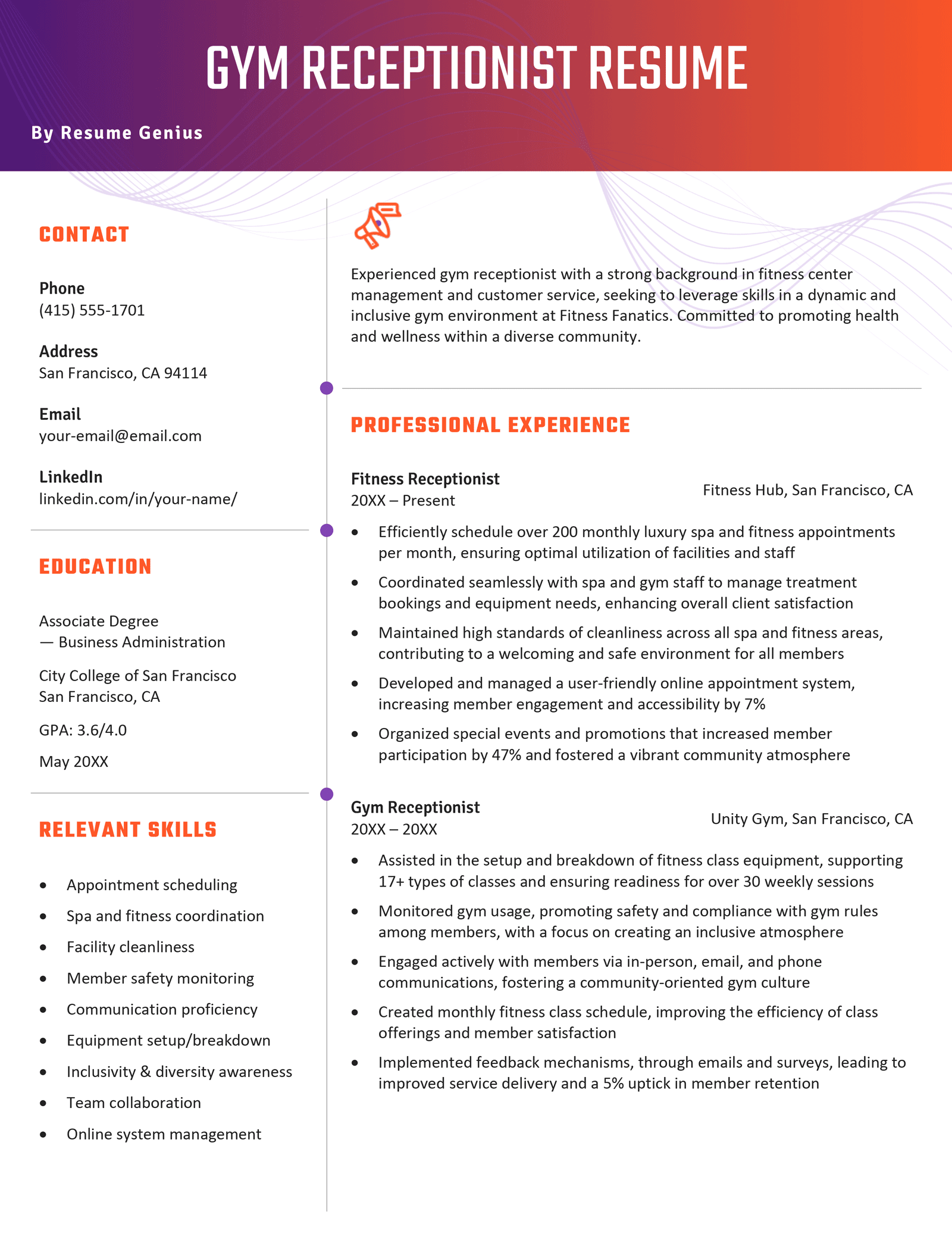 A gym (or spa) receptionist resume example that uses bold colors and a sidebar to make its key information stand out to users.