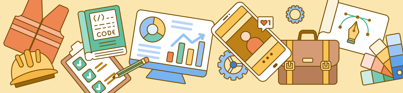 A banner image showing equipment and hard skills for different jobs.