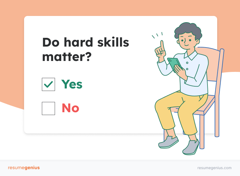 A graphic showing a man sitting on a chair next to a survey that asks if hard skills matter, with the "yes" box checked.