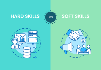 Animated charts, graphs, and people illustrating hard skills vs soft skills