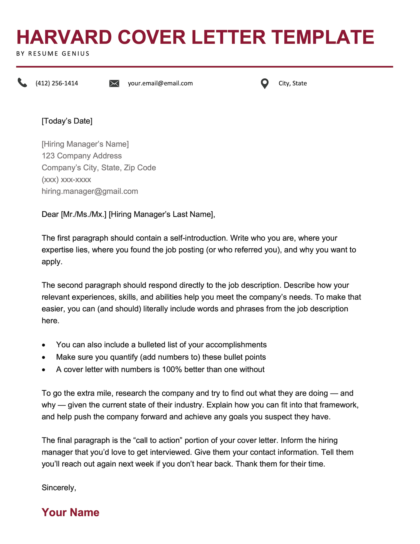 A Harvard cover letter template.