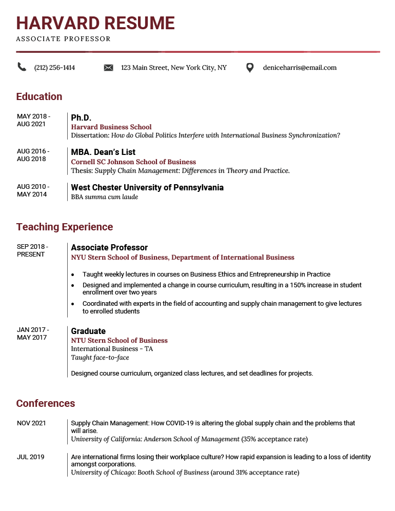An example of a resume template for Word that's design for Harvard University
