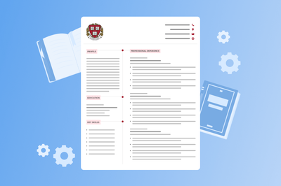 Graphic of a sample Harvard resume template with books and gear icons behind it.