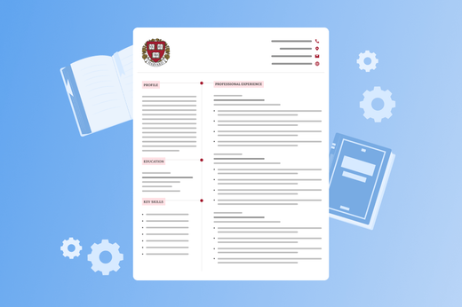 Graphic of a sample Harvard resume template with books and gear icons behind it.