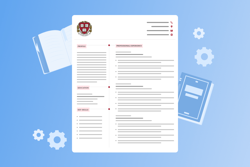 Graphic of a sample Harvard resume template with books and gear icons behind it.