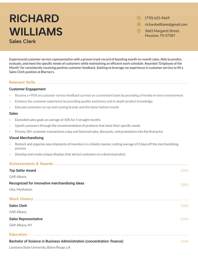 The Haslam functional resume template in yellow.