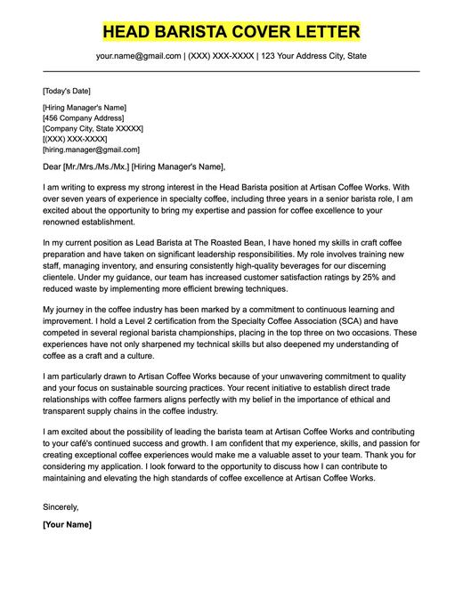 An example cover letter for a head barista position.