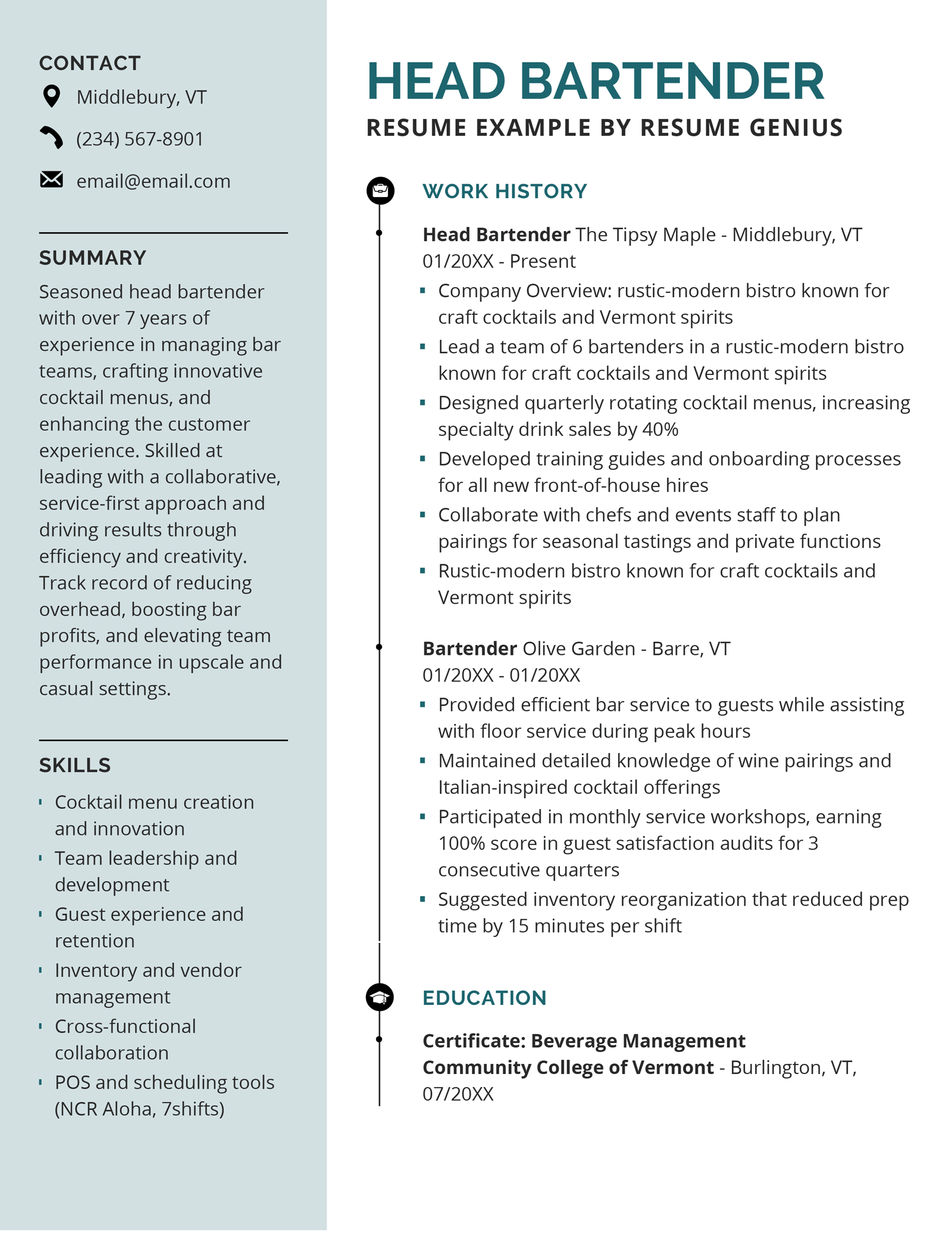 A head bartender resume example.