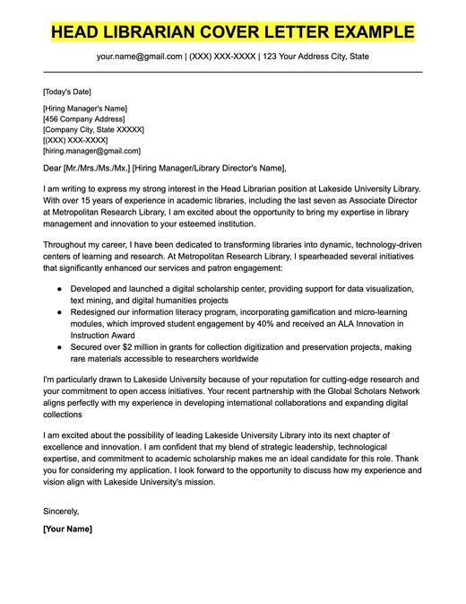 An example cover letter for a head librarian position.