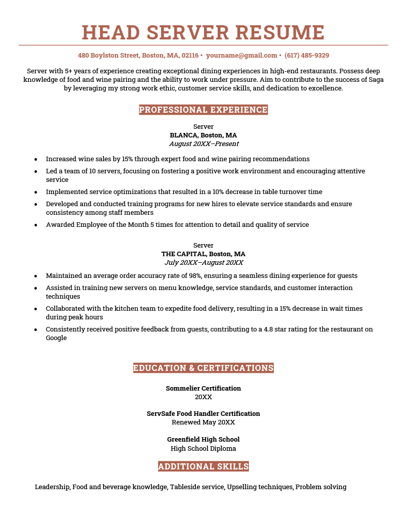 A head server resume example on a red template written by a candidate with over five years of experience.