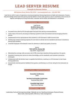 A head server resume example on a red template written by a candidate with over five years of experience.