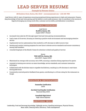 A head server resume example on a red template written by a candidate with over five years of experience.