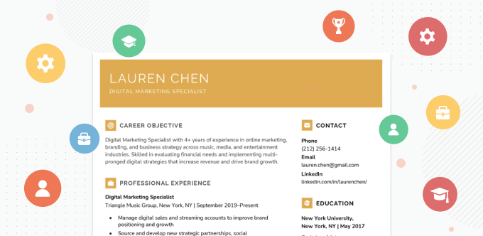 A resume surrounded by colorful resume icons for resume section headings