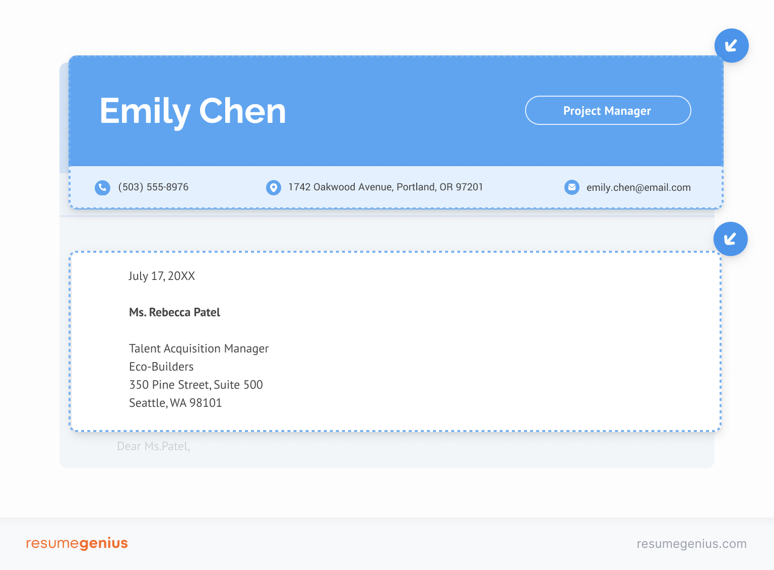 Header section of a cover letter with the sender