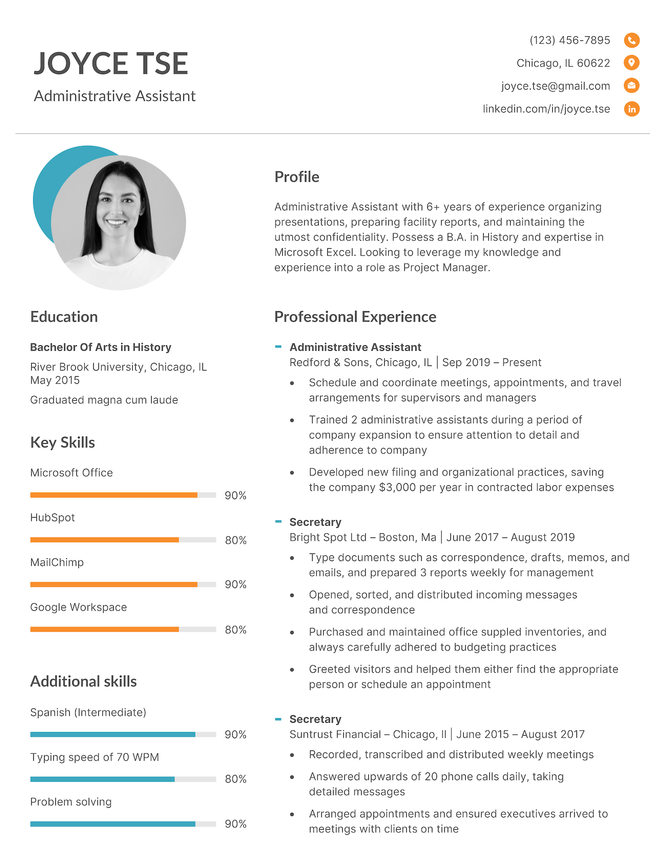 The "Headshot" photo resume template in aqua and orange.