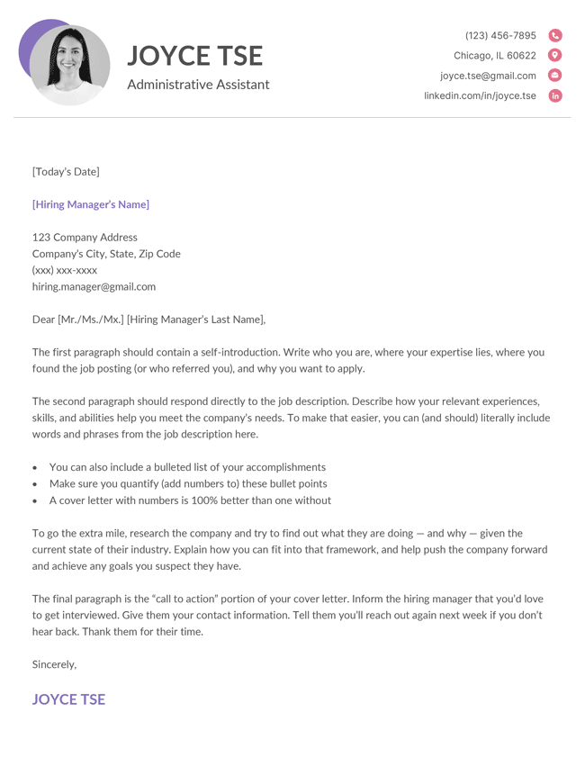 The Headshot photo cover letter template in purple-pink