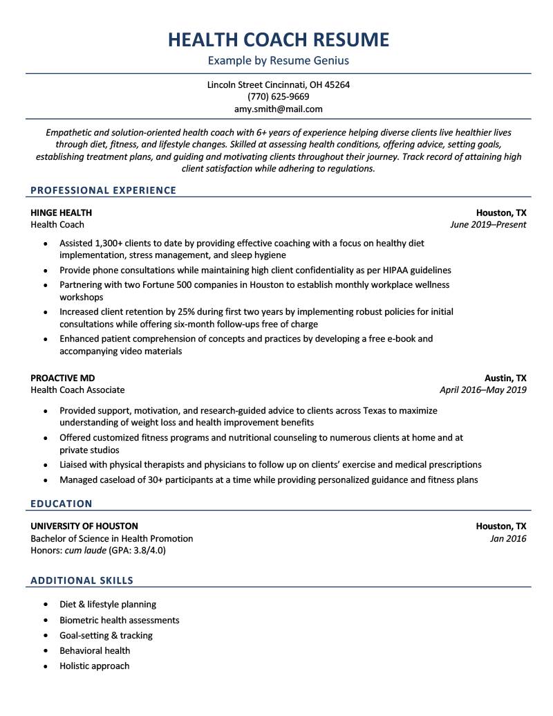 Health Coach Resume Example - Skills & Free Download
