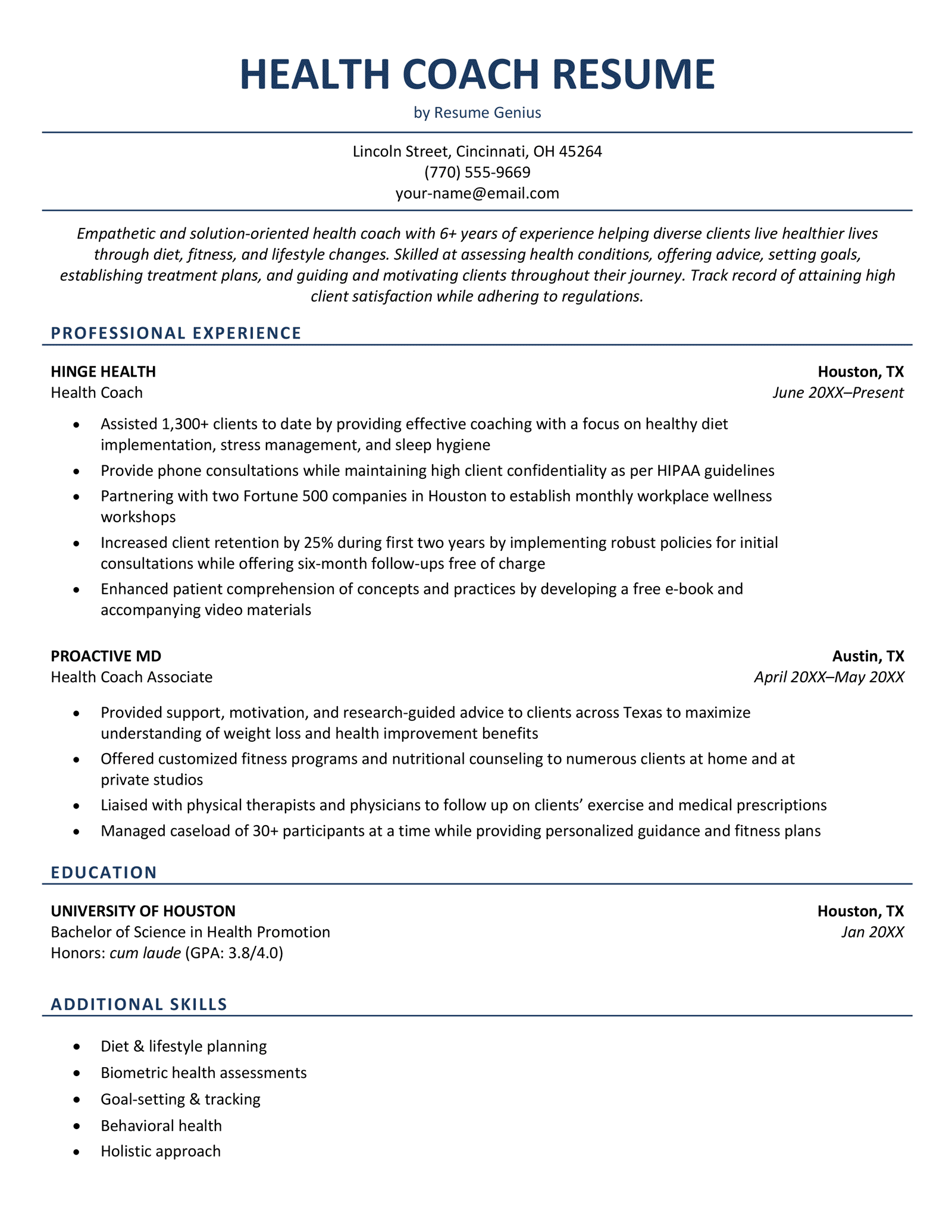 A clean health coach resume with dark blue headers, horizontal lines dividing the sections, and the applicant's contact information, career summary, work experience, education, and key skills.