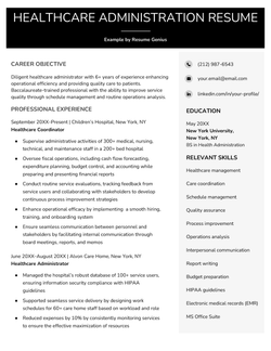 A black-and-white healthcare administration resume with the applicant's resume summary and work experience in the left column and their contact information, education, and skills in the right column