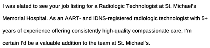 A screenshot of a healthcare cover letter introduction for a radiologic technologist position that highlights the candidate's most relevant qualifications.