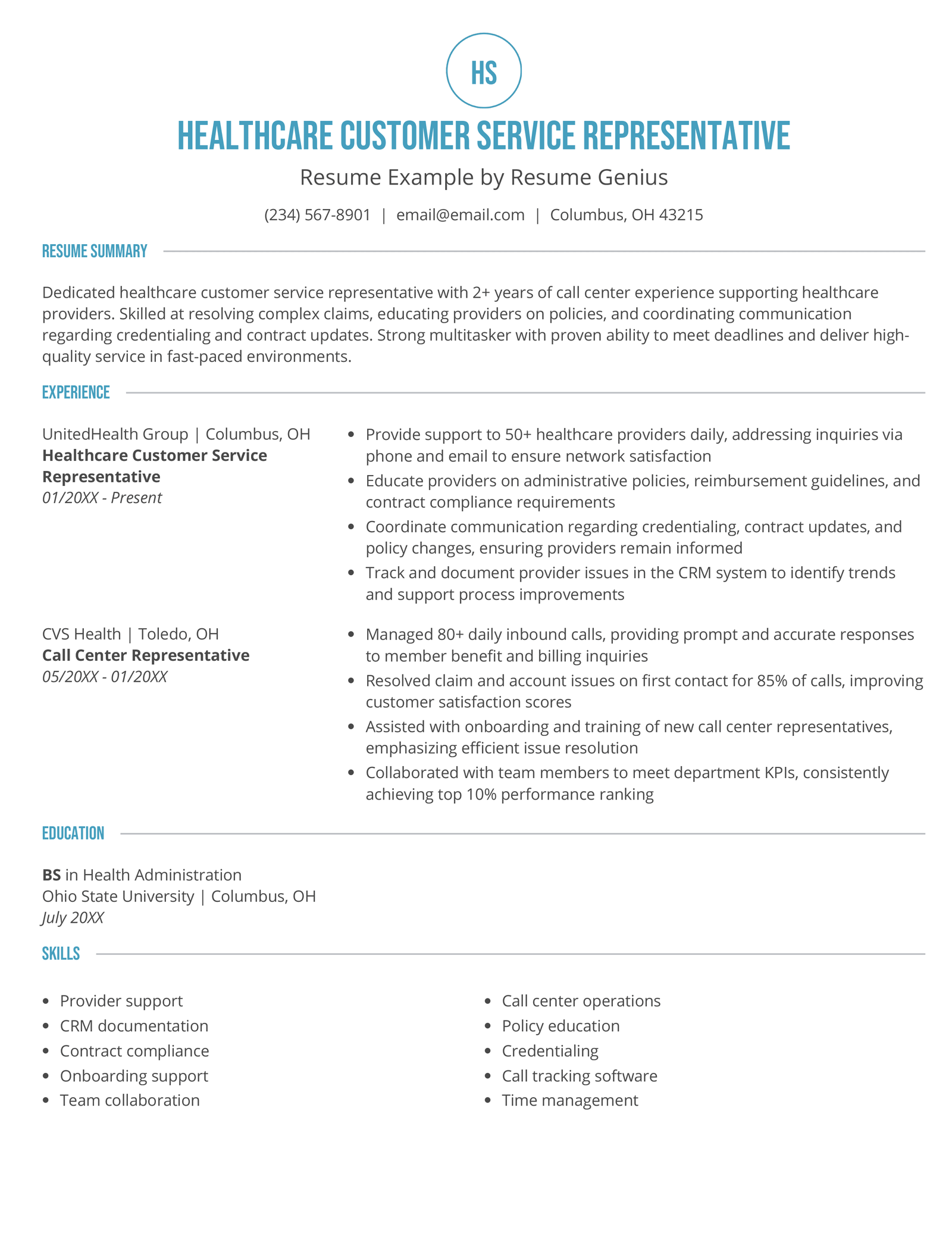A healthcare customer service representative resume example.