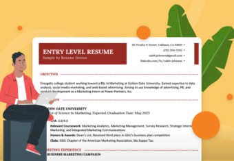 A man is looking at his laptop in front of a large example entry level resume with the career objective and education section visible.