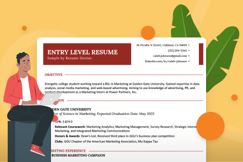 A man is looking at his laptop in front of a large example entry level resume with the career objective and education section visible.