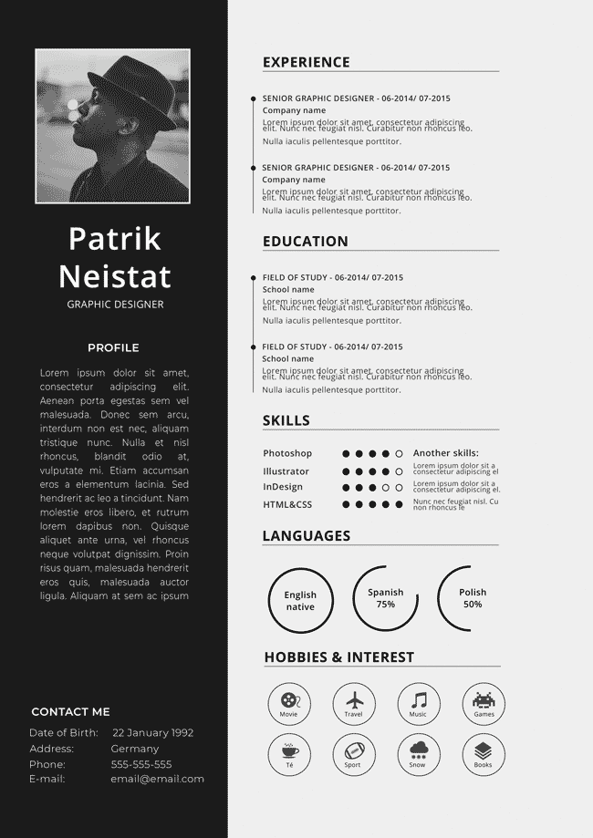 Example of an infographic resume that uses high contrast.