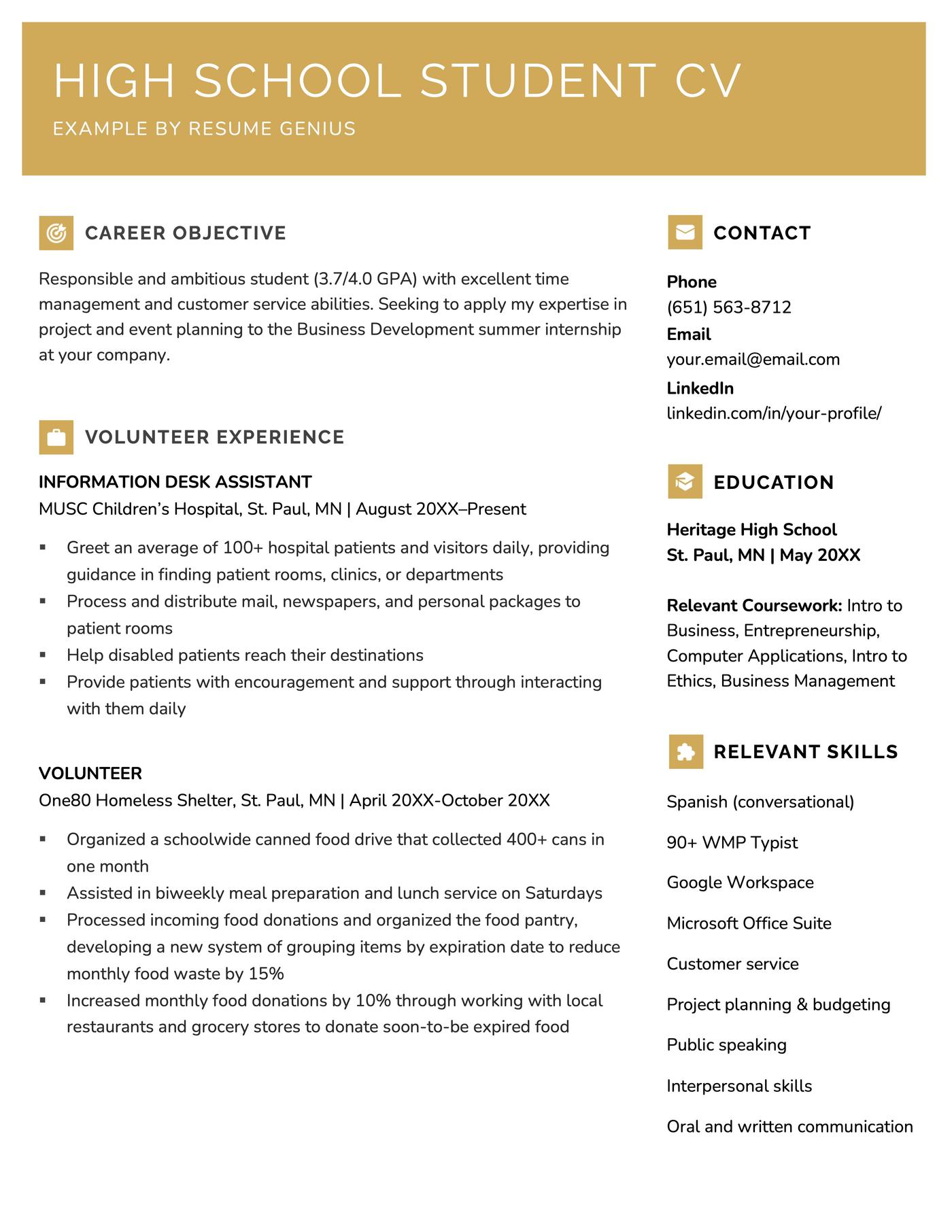 An example CV for a high school student. 