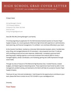 A high school graduate cover letter using a template with a red header.