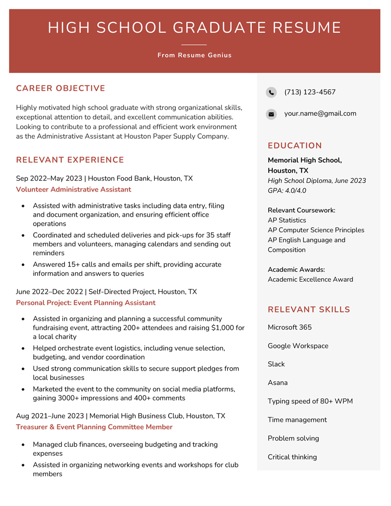 High school graduate resume example that uses a bold red header and a side bar that includes an expanded education section and relevant skills.