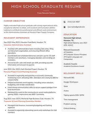 High school graduate resume example that uses a bold red header and a side bar that includes an expanded education section and relevant skills.